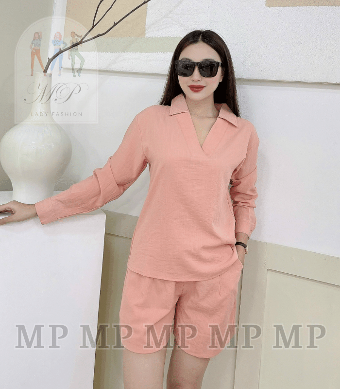 Set bộ nữ áo cổ sơ mi tay dài cổ xẻ chất linen sang mịn